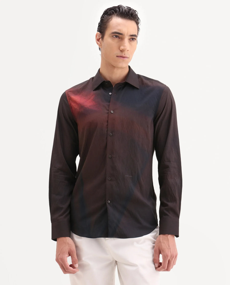 Rare Rabbit Men's Rano Dusky Brown Viscose Blend Fabric Collared Neck Regular Fit Abstract Print Shirt