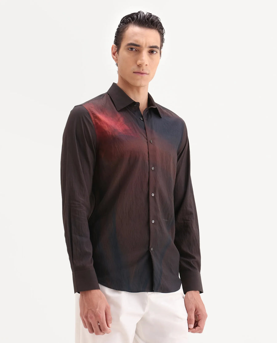 Rare Rabbit Men's Rano Dusky Brown Viscose Blend Fabric Collared Neck Regular Fit Abstract Print Shirt
