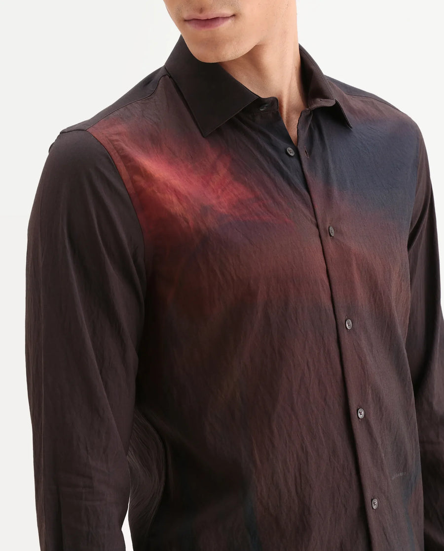 Rare Rabbit Men's Rano Dusky Brown Viscose Blend Fabric Collared Neck Regular Fit Abstract Print Shirt