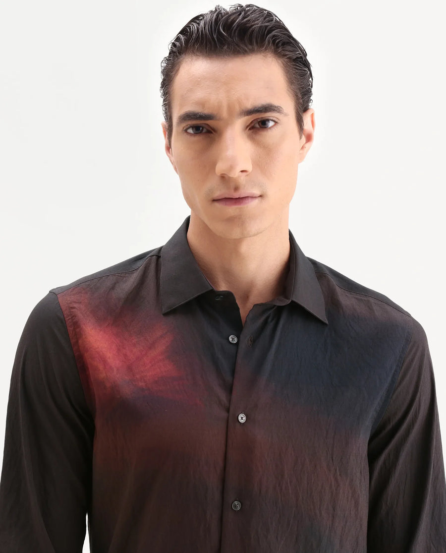 Rare Rabbit Men's Rano Dusky Brown Viscose Blend Fabric Collared Neck Regular Fit Abstract Print Shirt