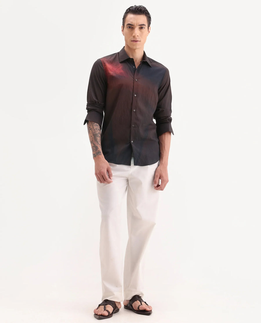 Rare Rabbit Men's Rano Dusky Brown Viscose Blend Fabric Collared Neck Regular Fit Abstract Print Shirt