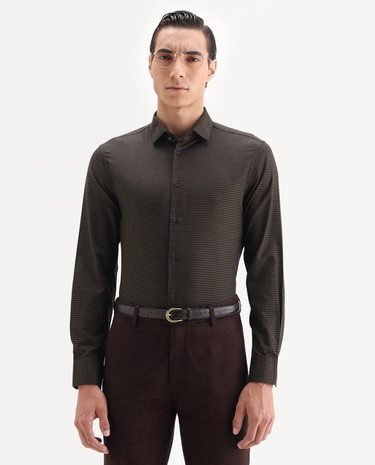Rare Rabbit Men's Rapid-25 Brown Cotton Fabric Collared Neck Regular Fit Checks Shirt