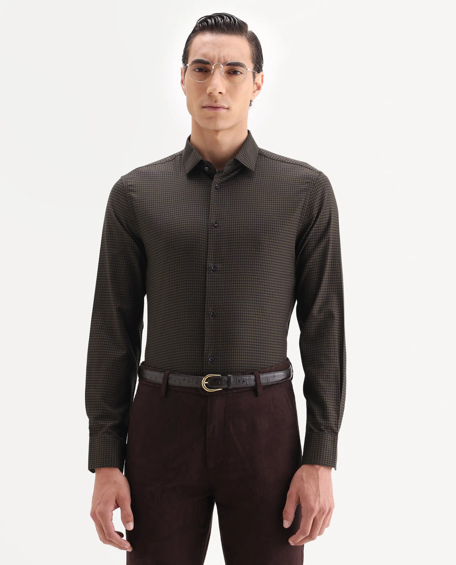 Rare Rabbit Men's Rapid-25 Brown Cotton Fabric Collared Neck Regular Fit Checks Shirt
