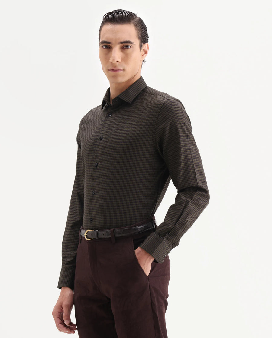 Rare Rabbit Men's Rapid-25 Brown Cotton Fabric Collared Neck Regular Fit Checks Shirt