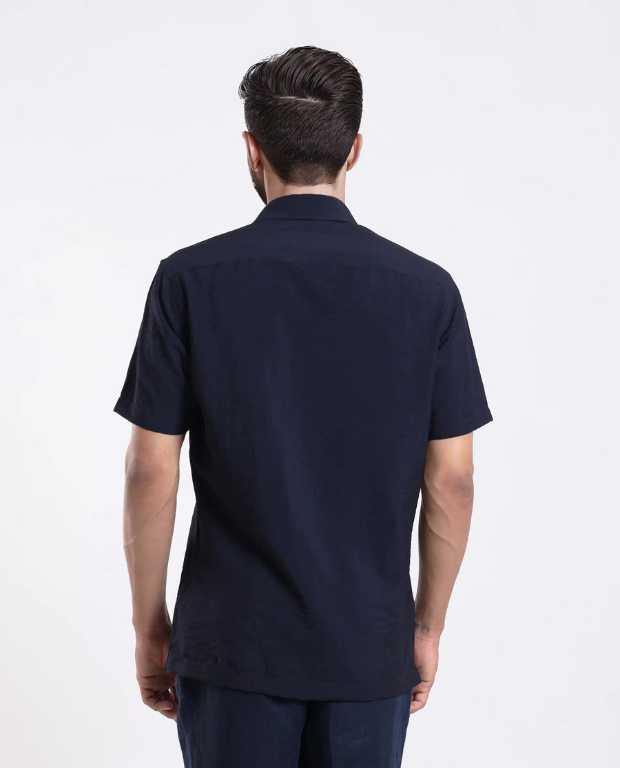 Rare Rabbit Men's Ratuh Navy Viscose Nylon Fabric Half Sleeve Spread Collar Button Closure Regular Fit Plain Shirt