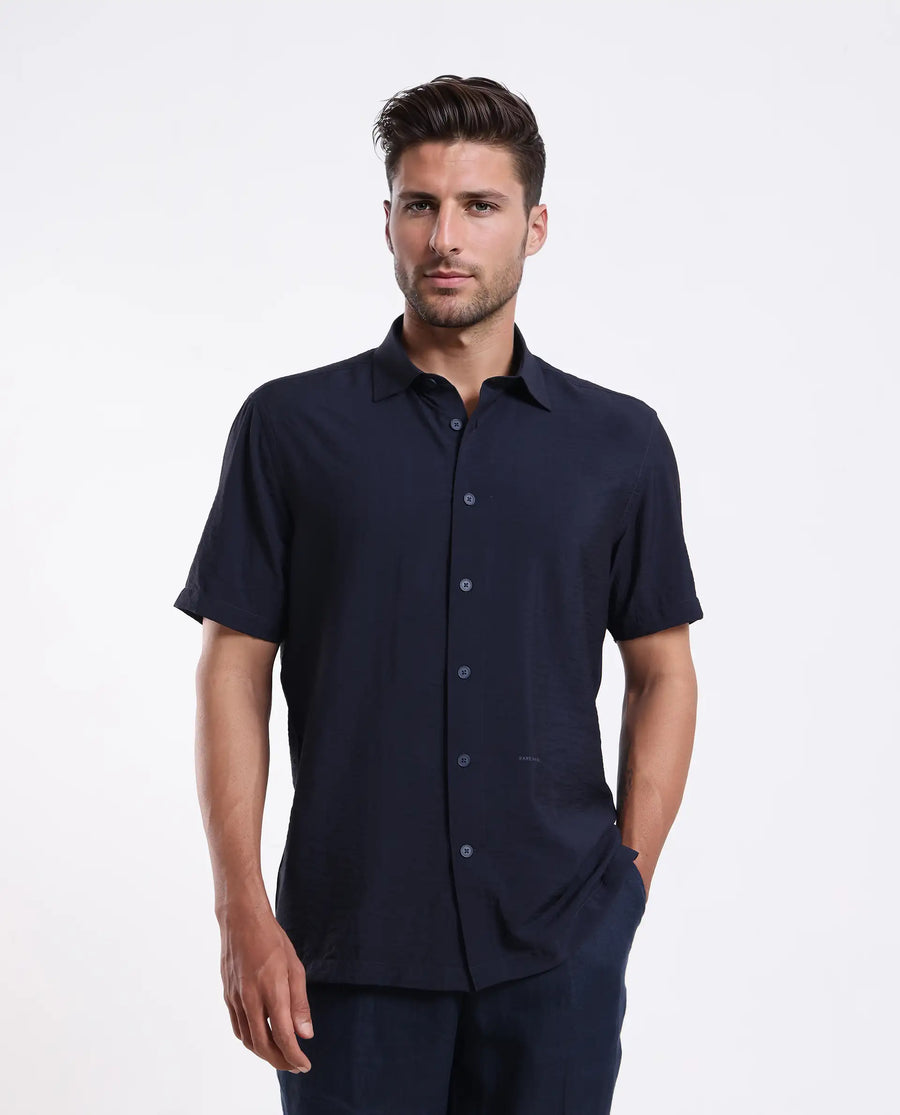 Rare Rabbit Men's Ratuh Navy Viscose Nylon Fabric Half Sleeve Spread Collar Button Closure Regular Fit Plain Shirt