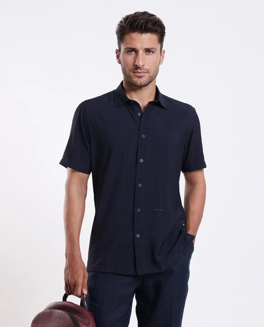 Rare Rabbit Men's Ratuh Navy Viscose Nylon Fabric Half Sleeve Spread Collar Button Closure Regular Fit Plain Shirt