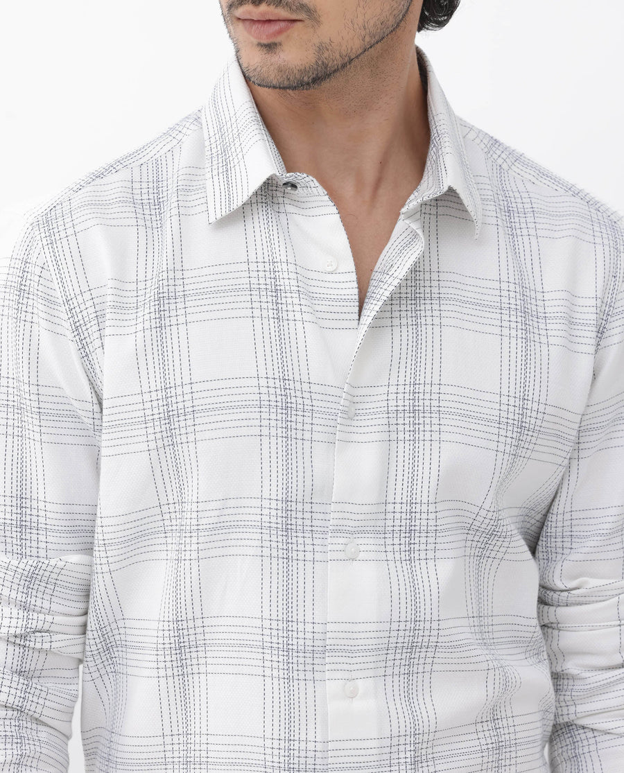 Rare Rabbit Men's Raul White Cotton Checked Print Regular Fit Full Sleeve Collared Shirt