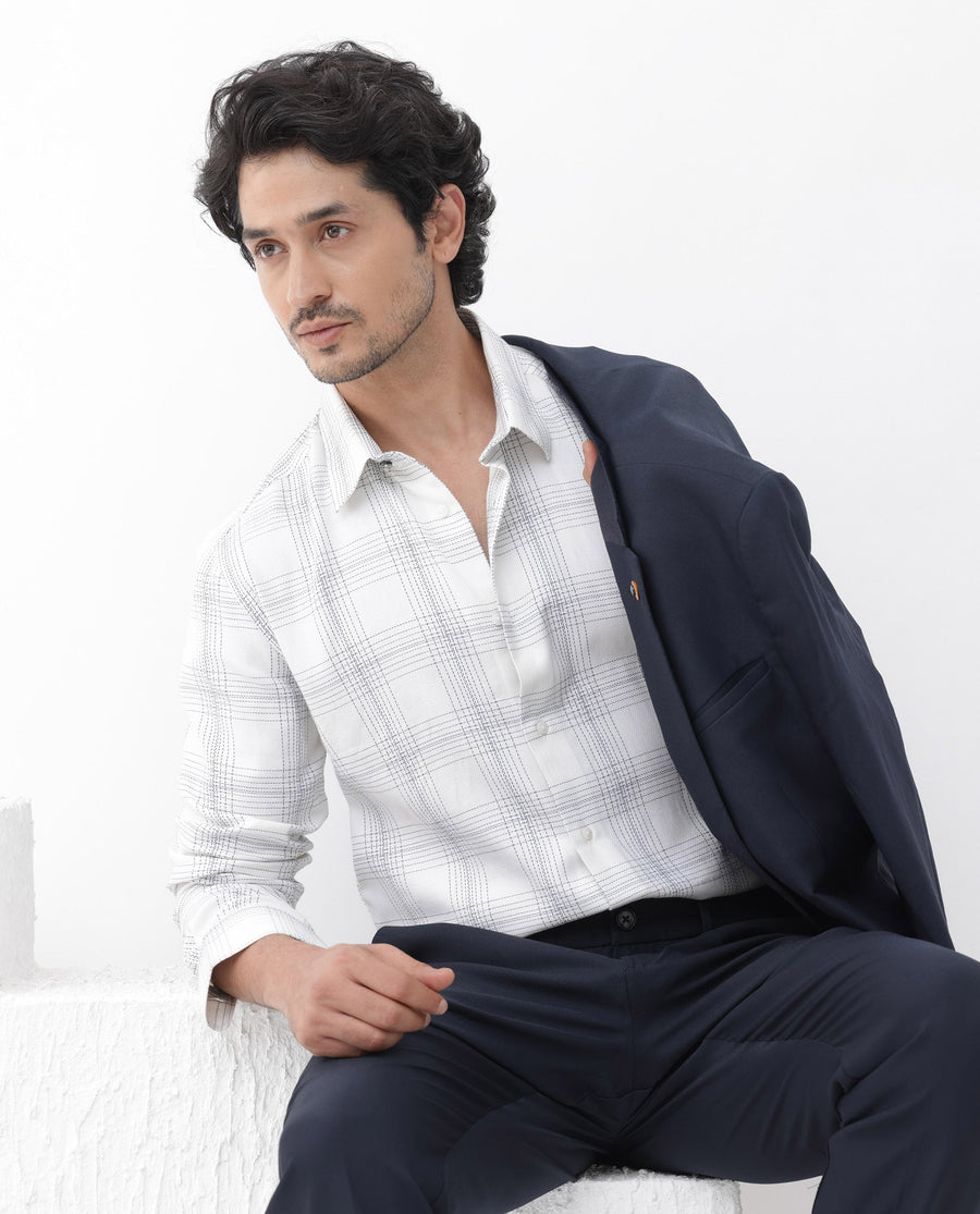 Rare Rabbit Men's Raul White Cotton Checked Print Regular Fit Full Sleeve Collared Shirt