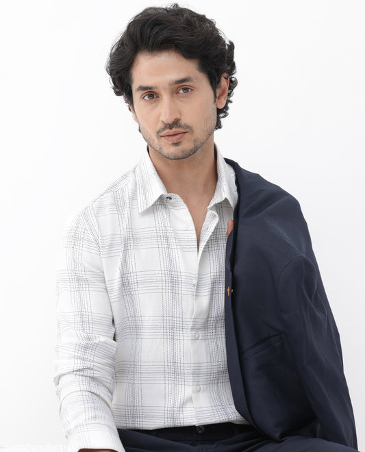 Rare Rabbit Men's Raul White Cotton Checked Print Regular Fit Full Sleeve Collared Shirt