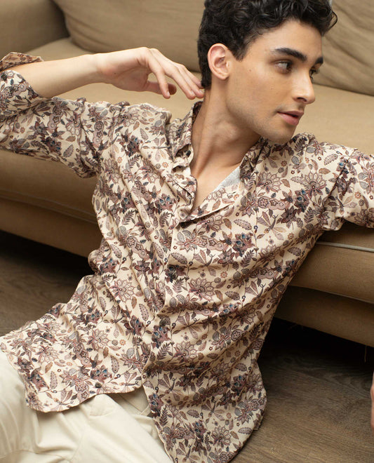 Rare Rabbit Men's Ravell Beige Viscose Floral Print Regular Fit Full Sleeve Collared Shirt