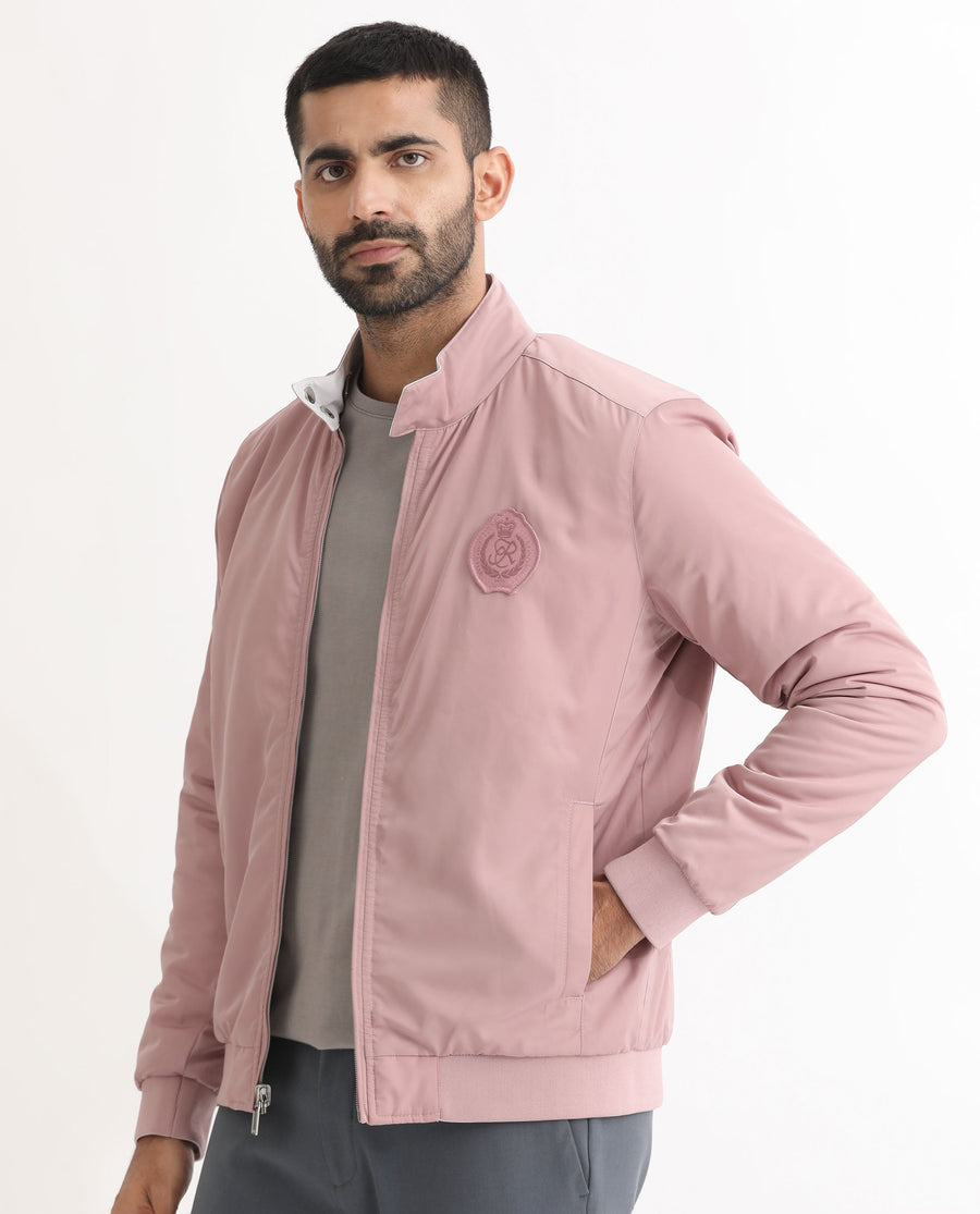 Rare Rabbit Men's Royban Pink Polyester Plain Regular Fit Full Sleeve Mandarin Collar Jacket