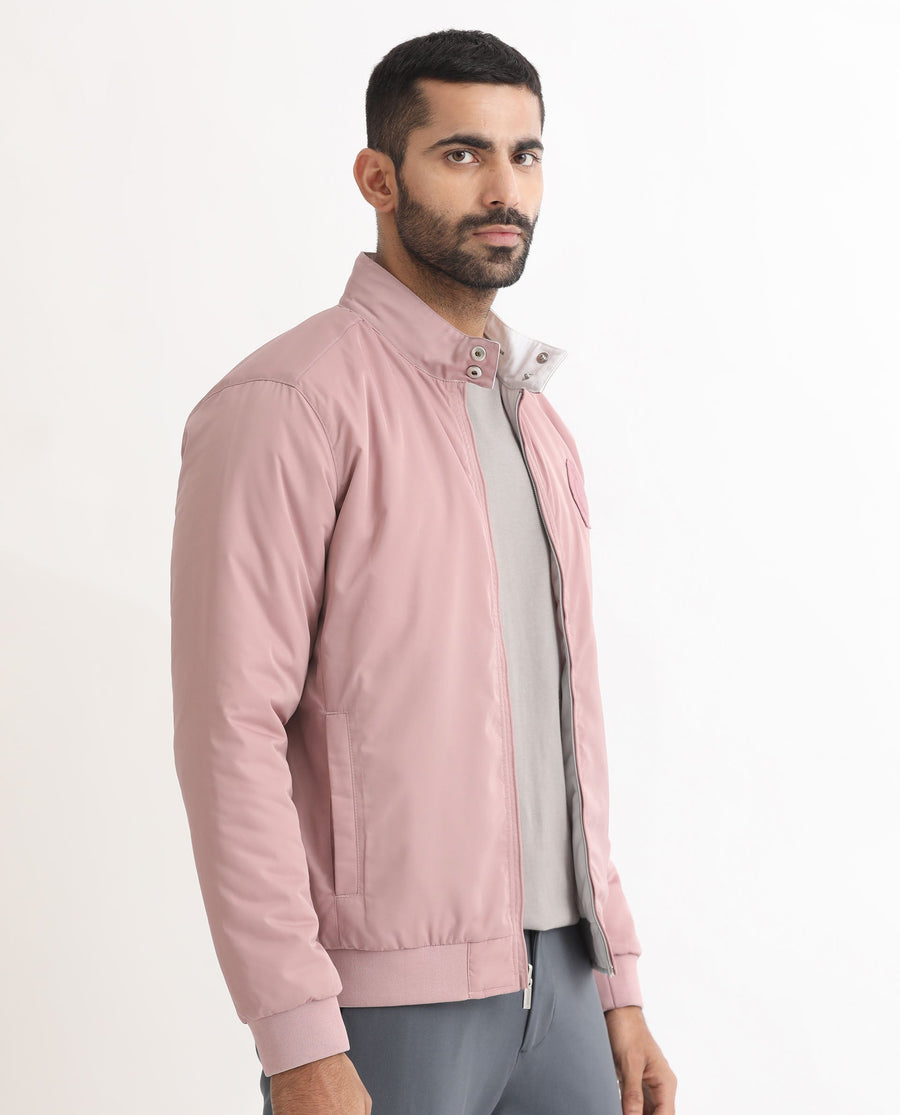 Rare Rabbit Men's Royban Pink Polyester Plain Regular Fit Full Sleeve Mandarin Collar Jacket