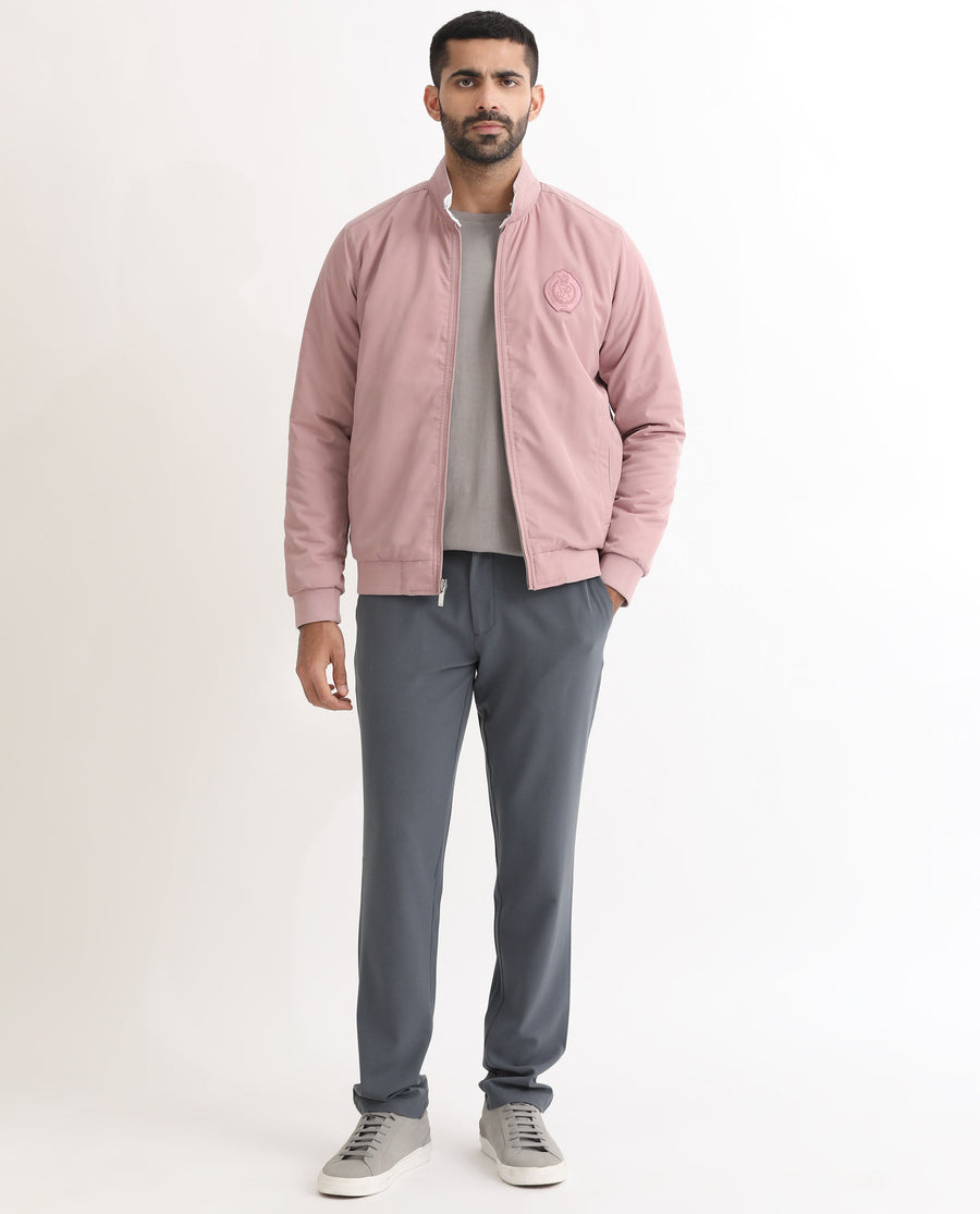Rare Rabbit Men's Royban Pink Polyester Plain Regular Fit Full Sleeve Mandarin Collar Jacket