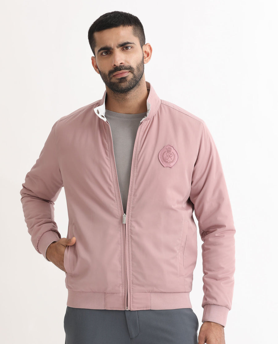 Rare Rabbit Men's Royban Pink Polyester Plain Regular Fit Full Sleeve Mandarin Collar Jacket