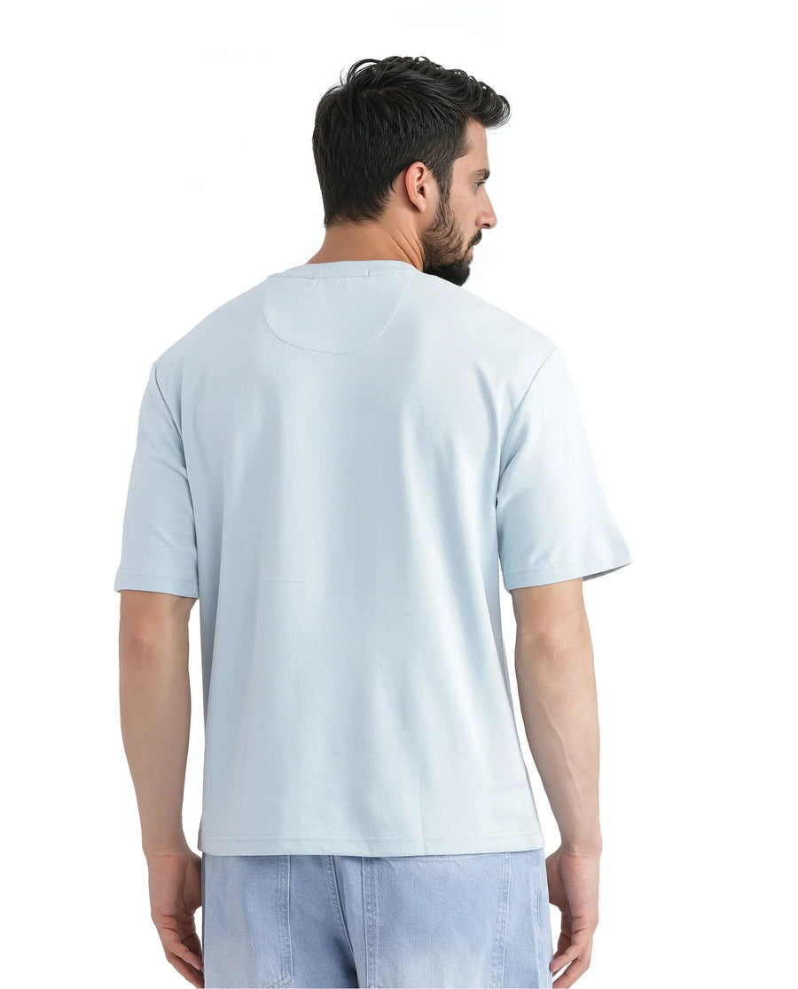 Rare Rabbit Men's Raydo Light Blue Cotton Graphic Print Boxy Fit Half Sleeve Crew Neck T-Shirt