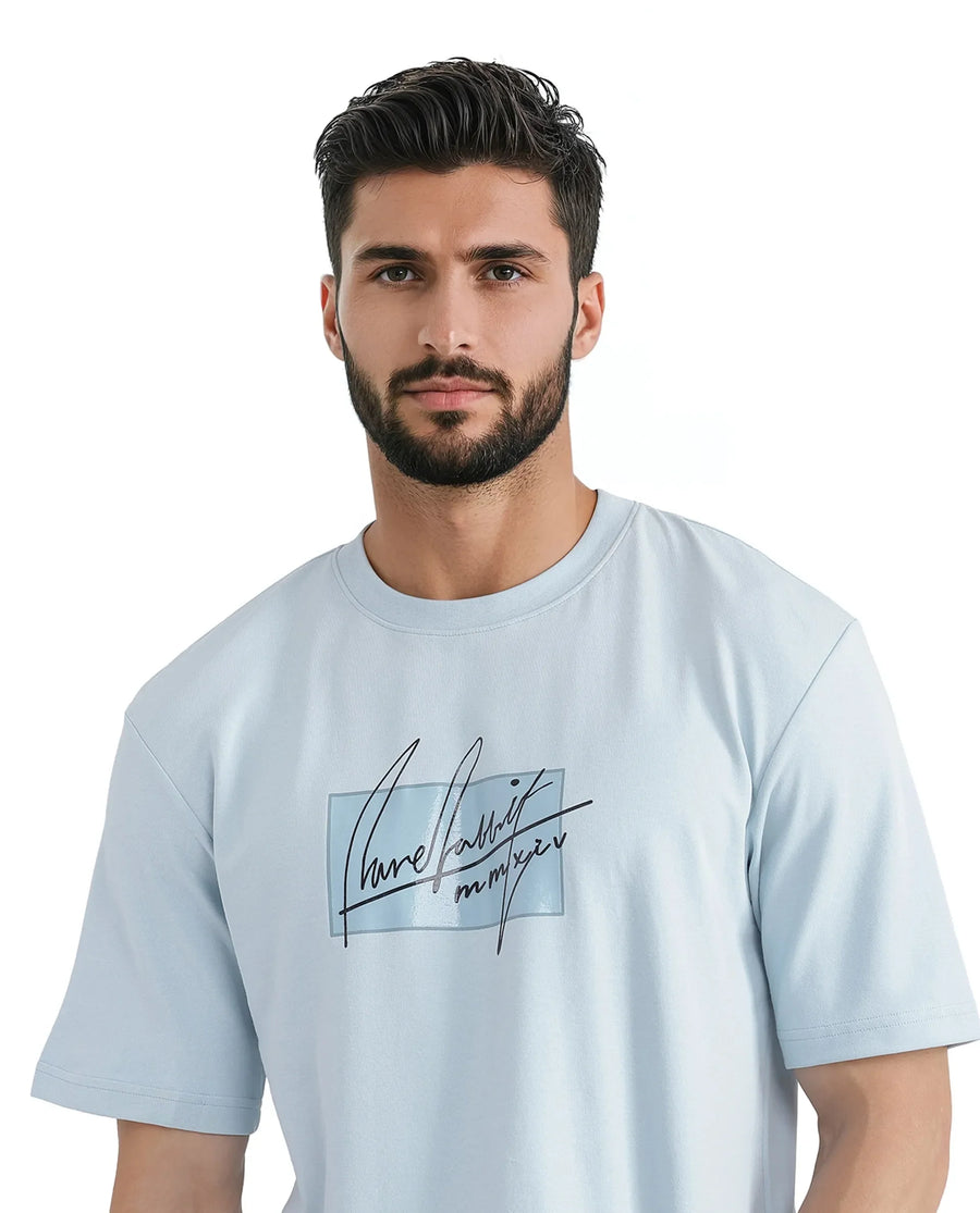 Rare Rabbit Men's Raydo Light Blue Cotton Graphic Print Boxy Fit Half Sleeve Crew Neck T-Shirt