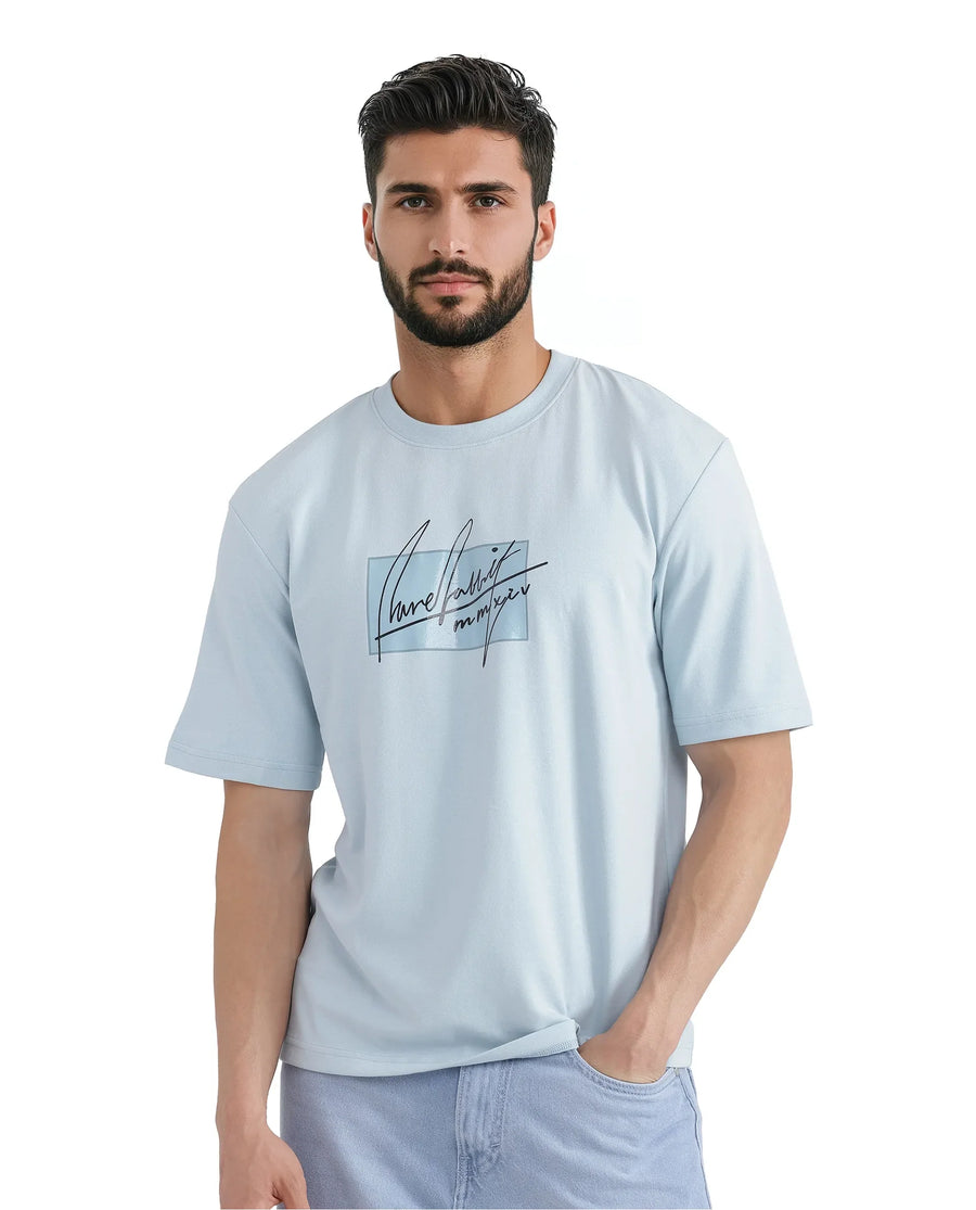 Rare Rabbit Men's Raydo Light Blue Cotton Graphic Print Boxy Fit Half Sleeve Crew Neck T-Shirt