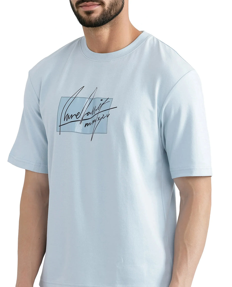 Rare Rabbit Men's Raydo Light Blue Cotton Graphic Print Boxy Fit Half Sleeve Crew Neck T-Shirt