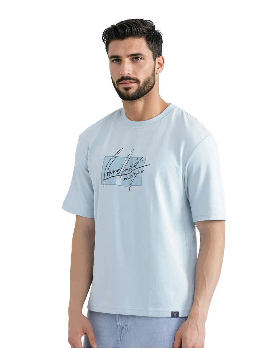 Rare Rabbit Men's Raydo Light Blue Cotton Graphic Print Boxy Fit Half Sleeve Crew Neck T-Shirt