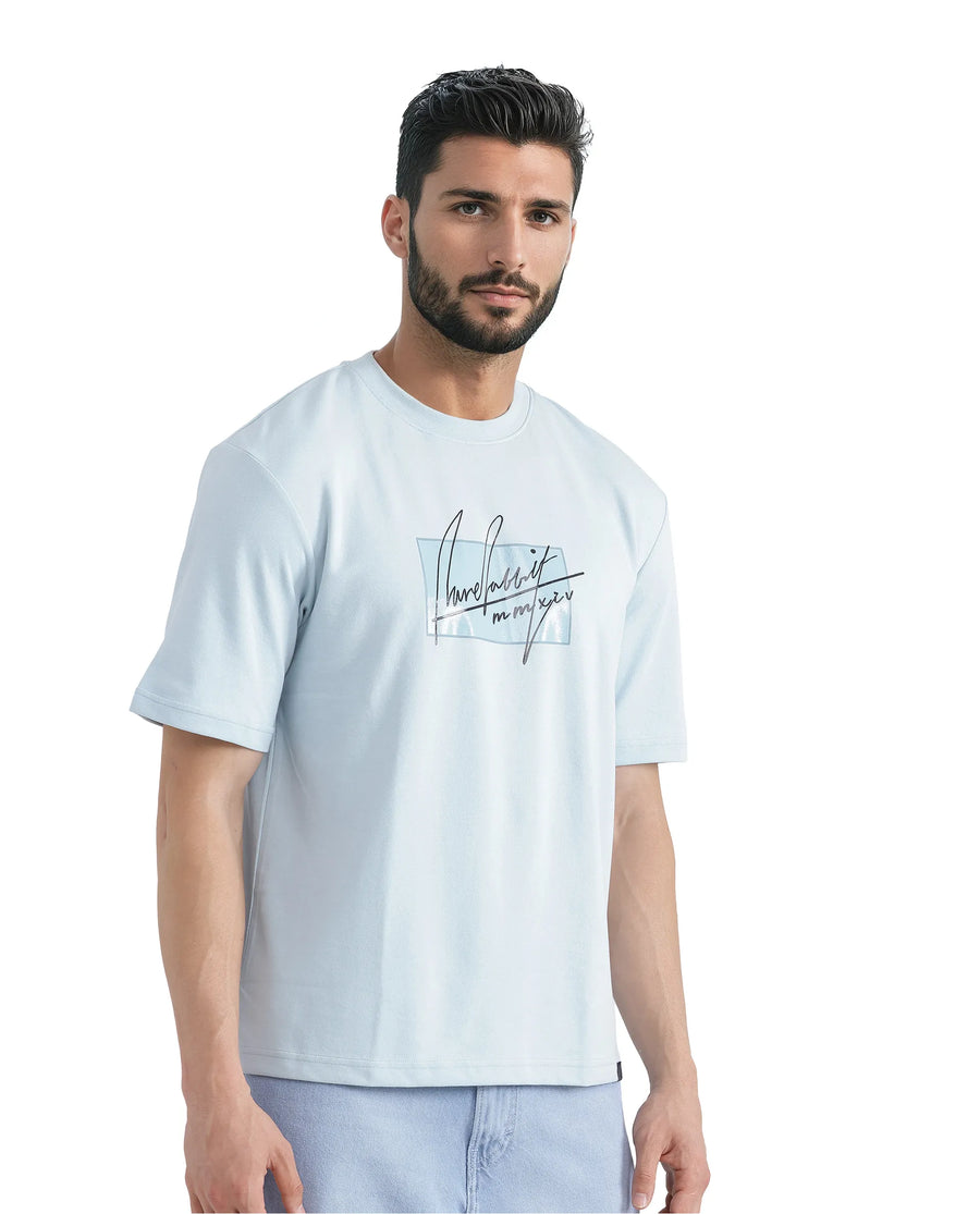 Rare Rabbit Men's Raydo Light Blue Cotton Graphic Print Boxy Fit Half Sleeve Crew Neck T-Shirt