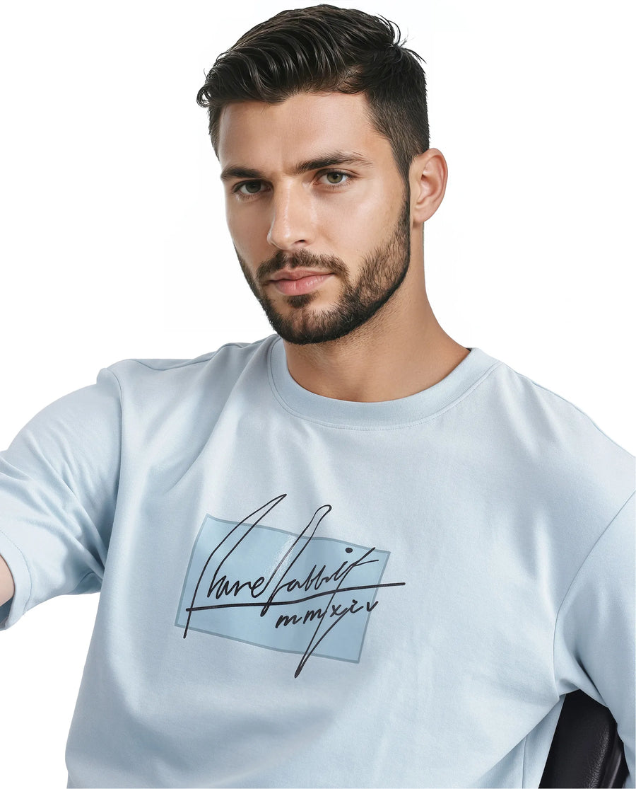 Rare Rabbit Men's Raydo Light Blue Cotton Graphic Print Boxy Fit Half Sleeve Crew Neck T-Shirt