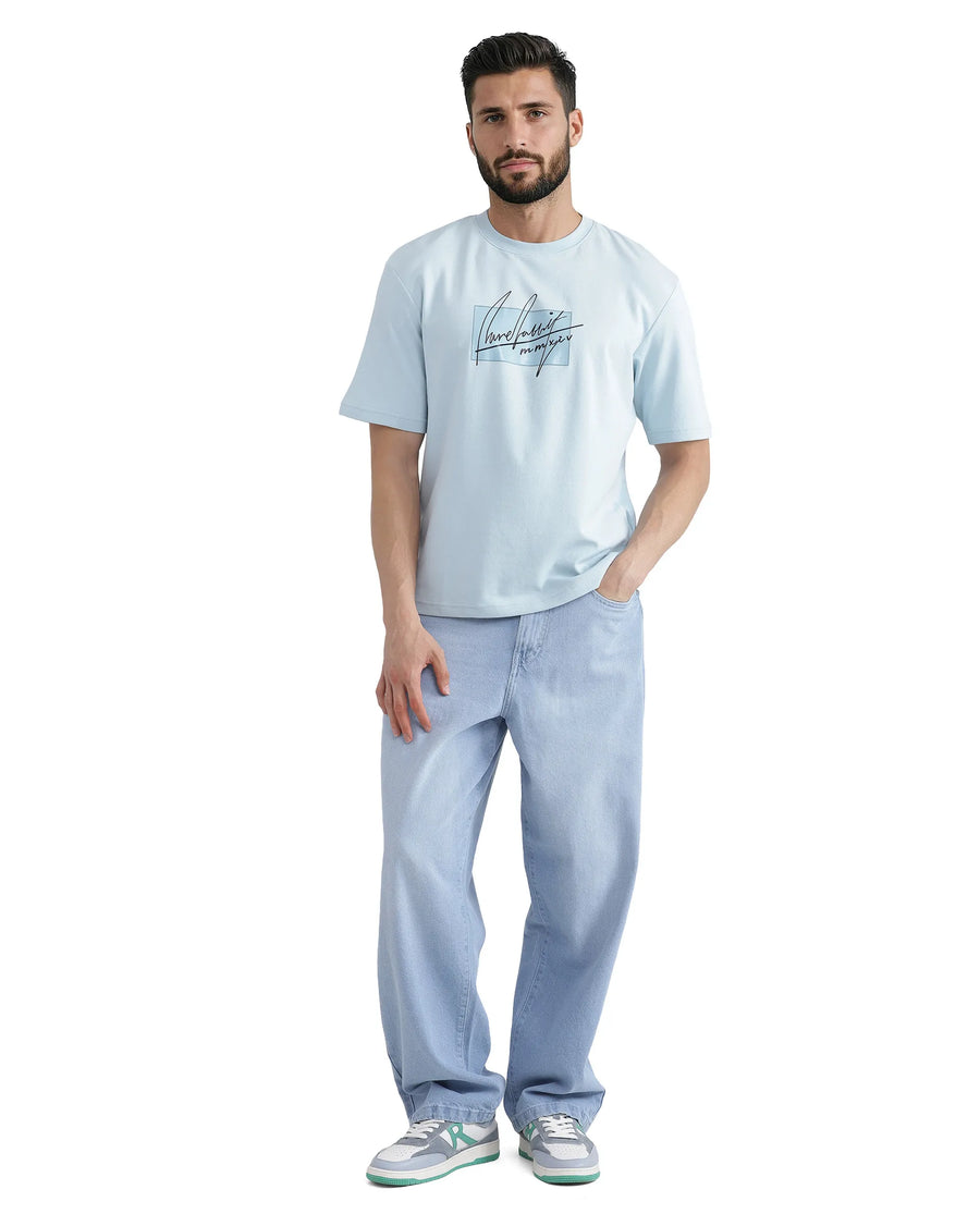 Rare Rabbit Men's Raydo Light Blue Cotton Graphic Print Boxy Fit Half Sleeve Crew Neck T-Shirt