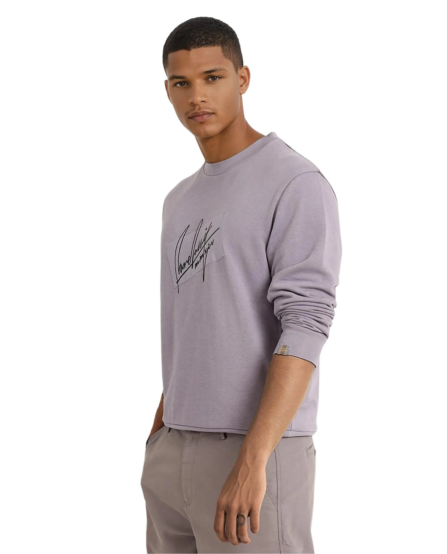 Rare Rabbit Men's Raydon Dusky Purple Cotton Graphic Print Regular Fit Full Sleeve Crew Neck Sweatshirt