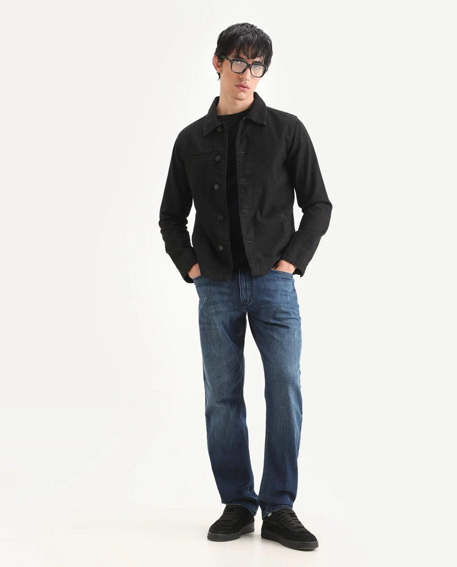 Rare Rabbit Men's Rayl Dark Blue Cotton Blend Fabric Morris Regular Fit Plain Jeans