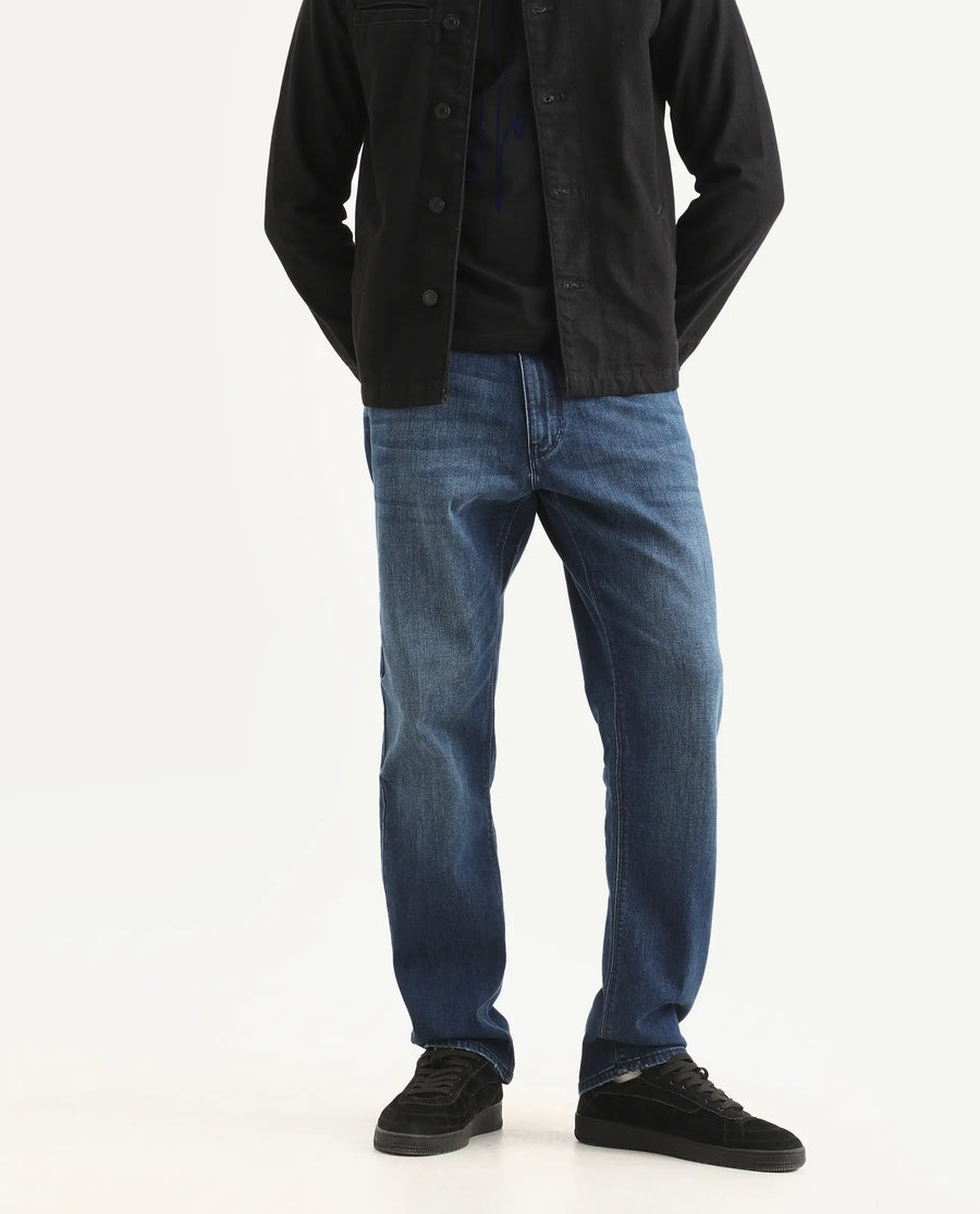 Rare Rabbit Men's Rayl Dark Blue Cotton Blend Fabric Morris Regular Fit Plain Jeans