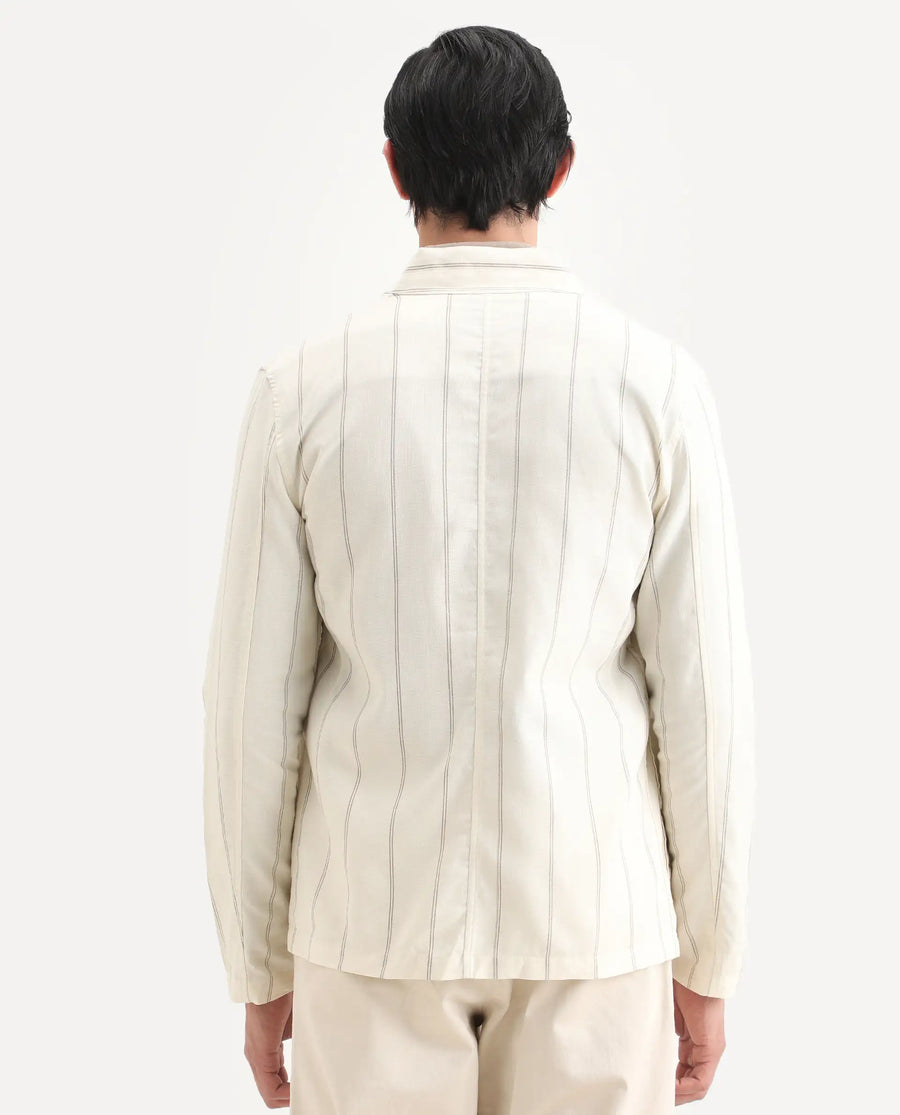 Rare Rabbit Men's Ray Off White Cotton Striped Print Relaxed Fit Full Sleeve Mandarin Collar Jacket