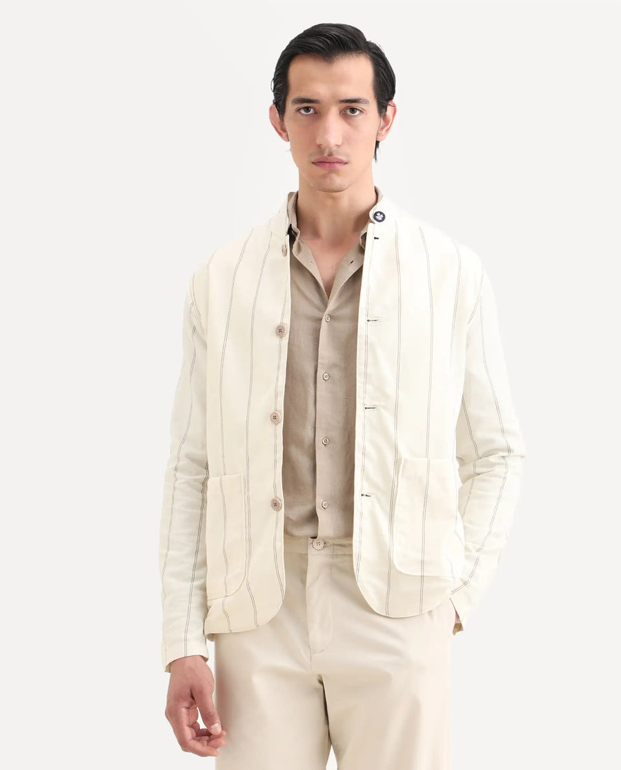 Rare Rabbit Men's Ray Off White Cotton Striped Print Relaxed Fit Full Sleeve Mandarin Collar Jacket