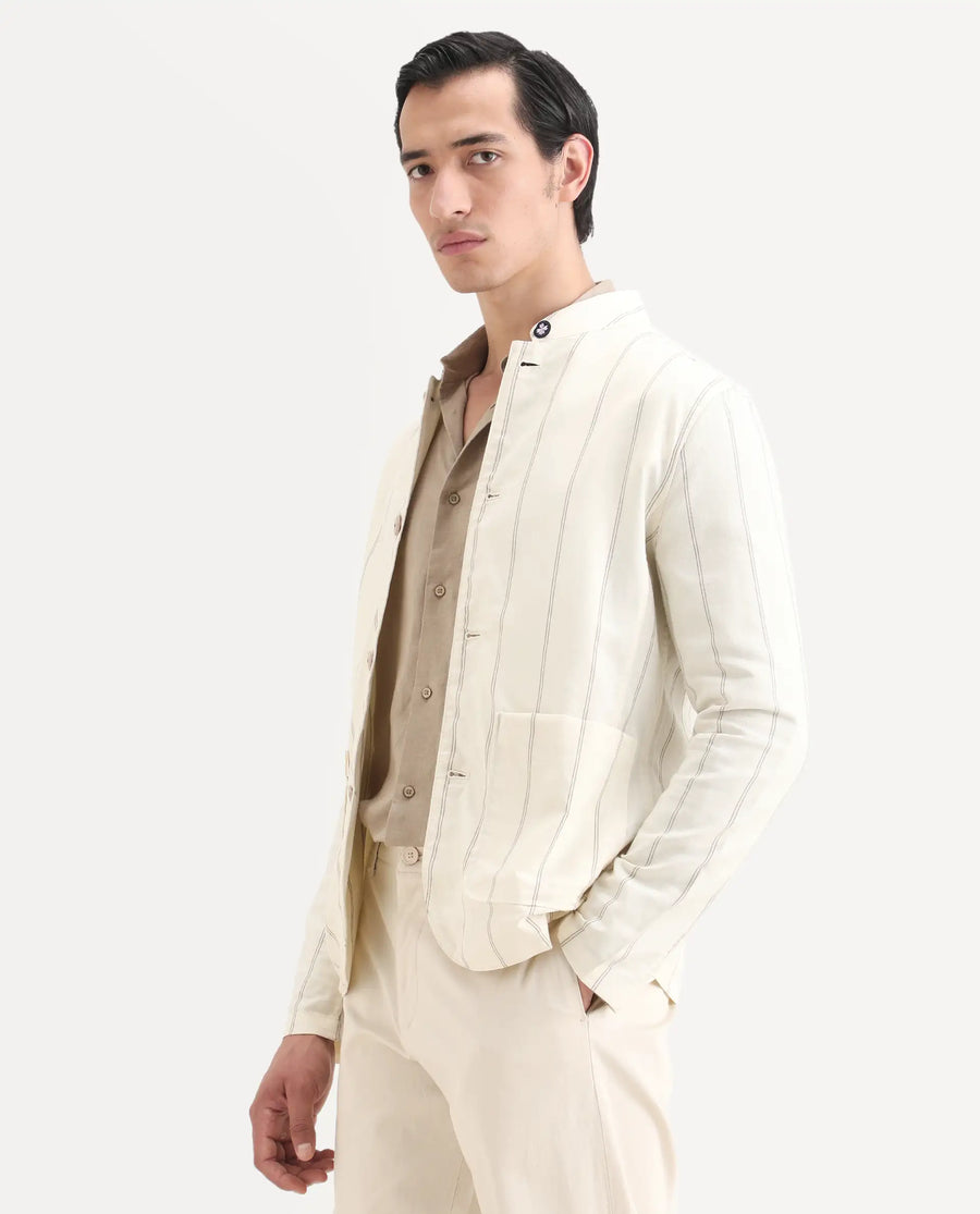Rare Rabbit Men's Ray Off White Cotton Striped Print Relaxed Fit Full Sleeve Mandarin Collar Jacket