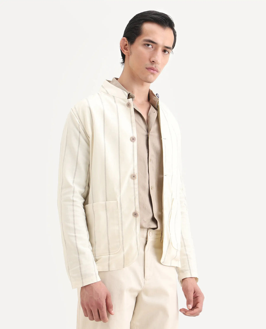 Rare Rabbit Men's Ray Off White Cotton Striped Print Relaxed Fit Full Sleeve Mandarin Collar Jacket