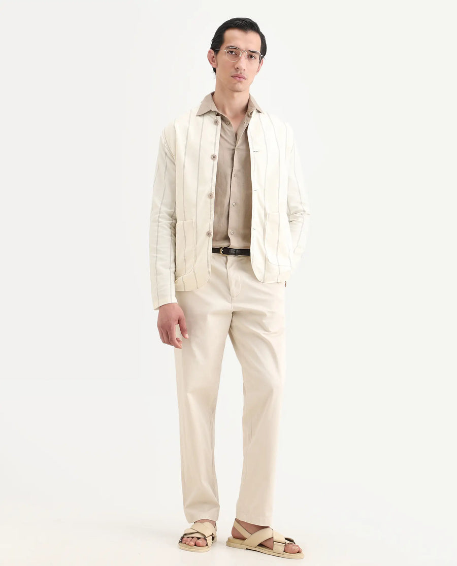 Rare Rabbit Men's Ray Off White Cotton Striped Print Relaxed Fit Full Sleeve Mandarin Collar Jacket