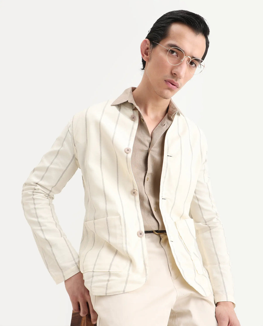Rare Rabbit Men's Ray Off White Cotton Striped Print Relaxed Fit Full Sleeve Mandarin Collar Jacket