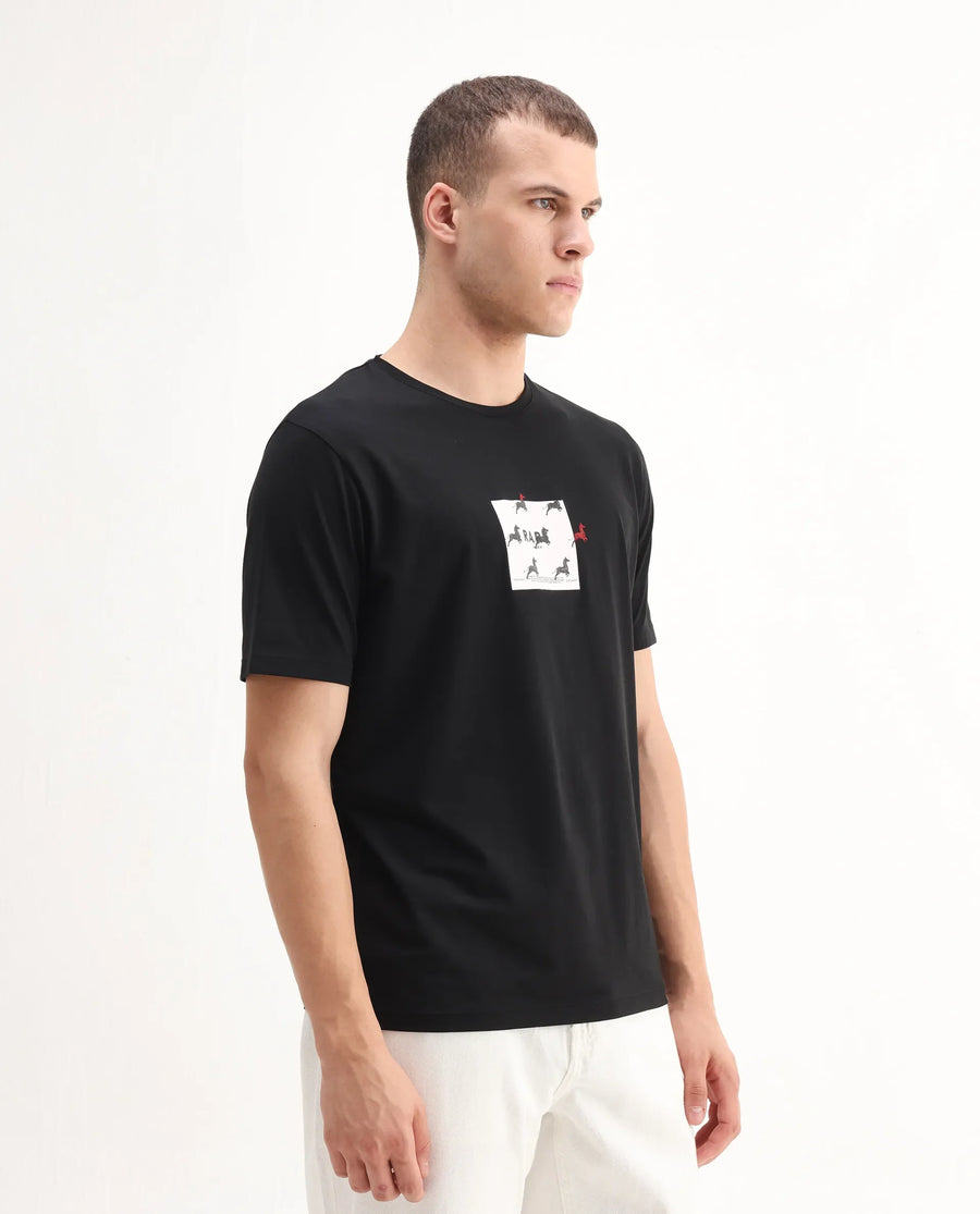 Rare Rabbit Men's Raze Black Cotton Blend Graphic Print Regular Fit Half Sleeve Crew Neck T-Shirt