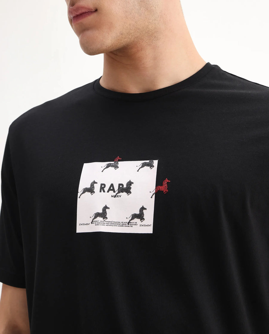 Rare Rabbit Men's Raze Black Cotton Blend Graphic Print Regular Fit Half Sleeve Crew Neck T-Shirt