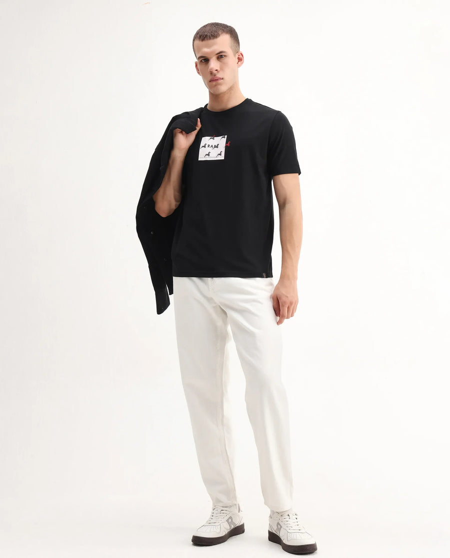 Rare Rabbit Men's Raze Black Cotton Blend Graphic Print Regular Fit Half Sleeve Crew Neck T-Shirt