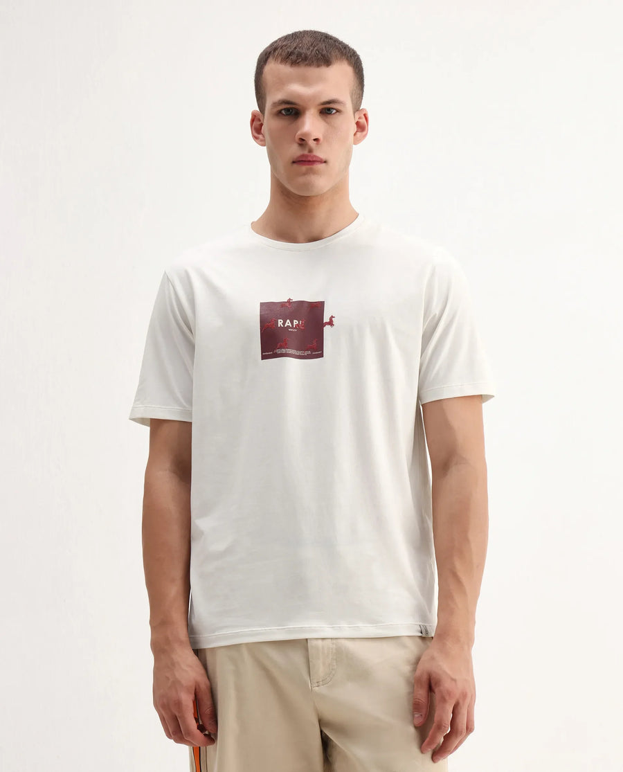 Rare Rabbit Men's Raze Off White Cotton Blend Graphic Print Regular Fit Half Sleeve Crew Neck T-Shirt