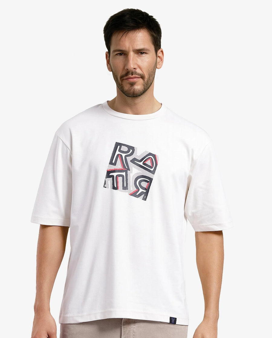 Rare Rabbit Men's Reat Off White Cotton Graphic Print Oversized Fit Half Sleeve Crew Neck T-Shirt