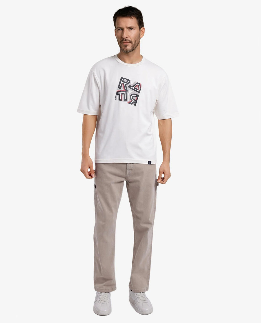 Rare Rabbit Men's Reat Off White Cotton Graphic Print Oversized Fit Half Sleeve Crew Neck T-Shirt