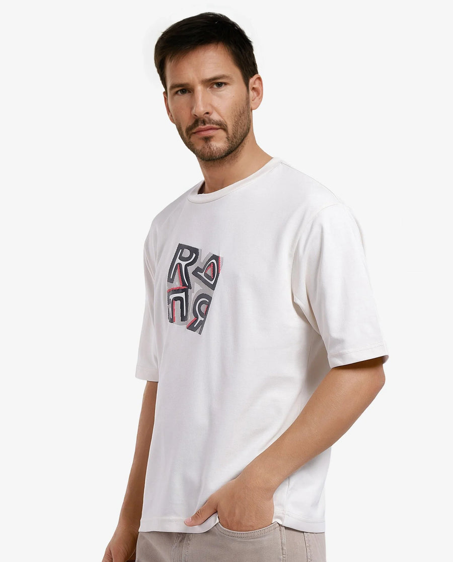 Rare Rabbit Men's Reat Off White Cotton Graphic Print Oversized Fit Half Sleeve Crew Neck T-Shirt