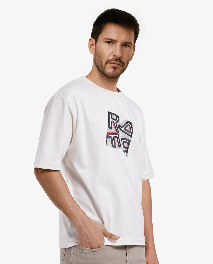 Rare Rabbit Men's Reat Off White Cotton Graphic Print Oversized Fit Half Sleeve Crew Neck T-Shirt