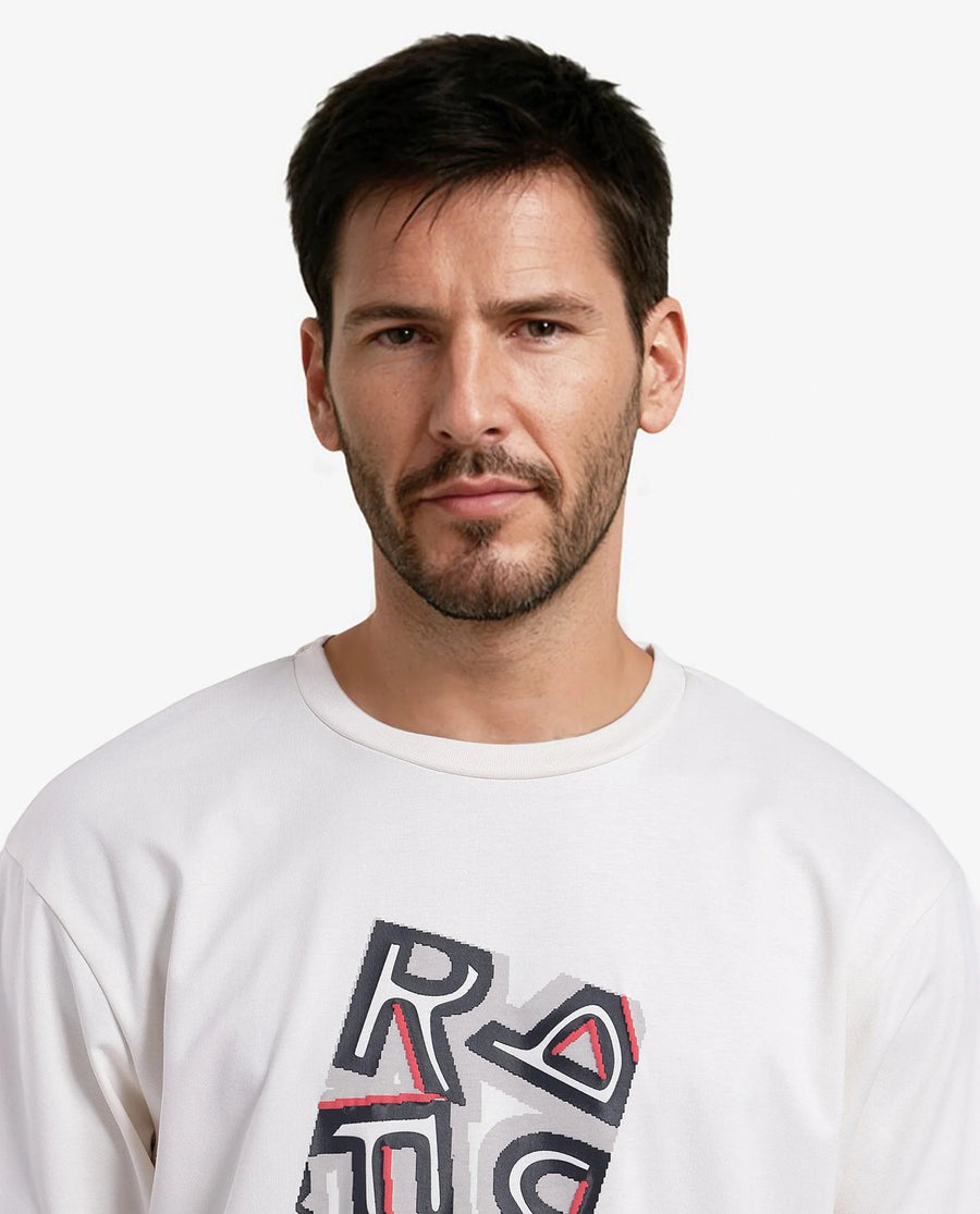 Rare Rabbit Men's Reat Off White Cotton Graphic Print Oversized Fit Half Sleeve Crew Neck T-Shirt