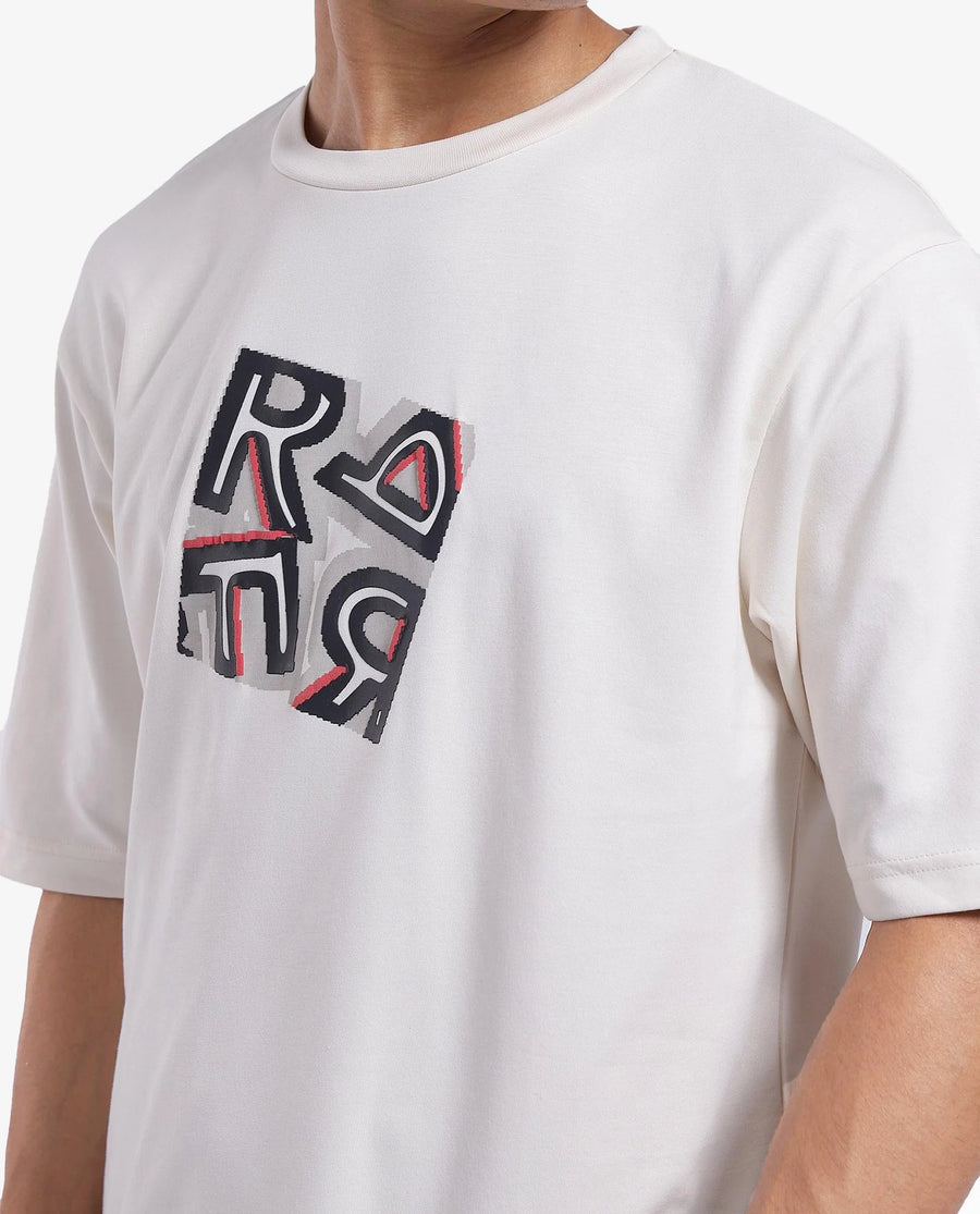 Rare Rabbit Men's Reat Off White Cotton Graphic Print Oversized Fit Half Sleeve Crew Neck T-Shirt