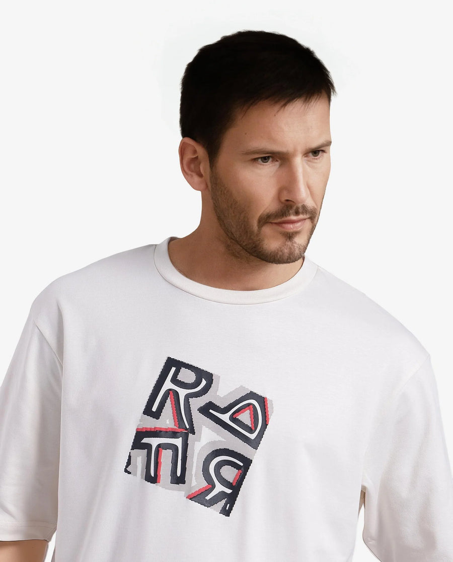 Rare Rabbit Men's Reat Off White Cotton Graphic Print Oversized Fit Half Sleeve Crew Neck T-Shirt