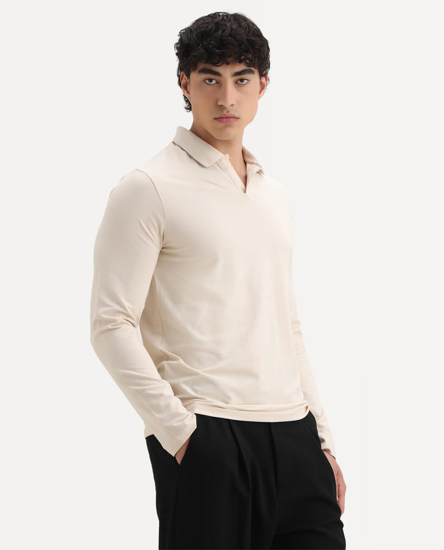 Rare Rabbit Men's Reborn-1 Off White Cotton Plain Regular Fit Full Sleeve Polo