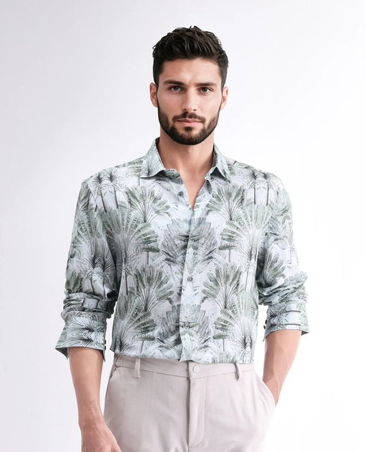 Rare Rabbit Men's Reca Light Green Viscose Abstract Print Regular Fit Full Sleeve Collared Shirt