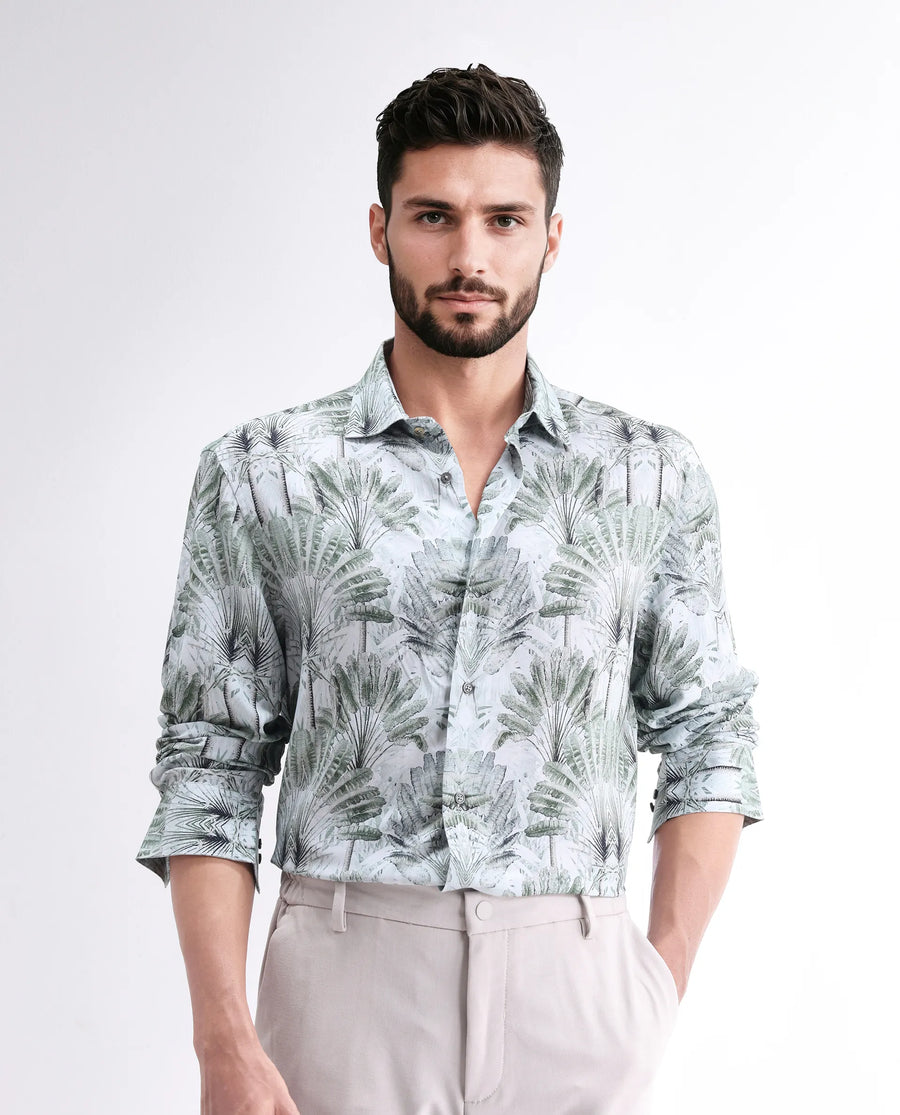 Rare Rabbit Men's Reca Light Green Viscose Abstract Print Regular Fit Full Sleeve Collared Shirt